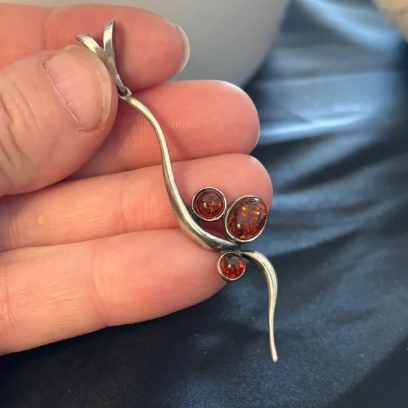 Vintage Sterling Silver Baltic Amber Modernist Pendant – 2.5” - Picture 2 of 3